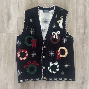 Vintage‎ Willow Ridge Christmas Black Scalloped Wreath Wreaths Vest Size 2XL??
